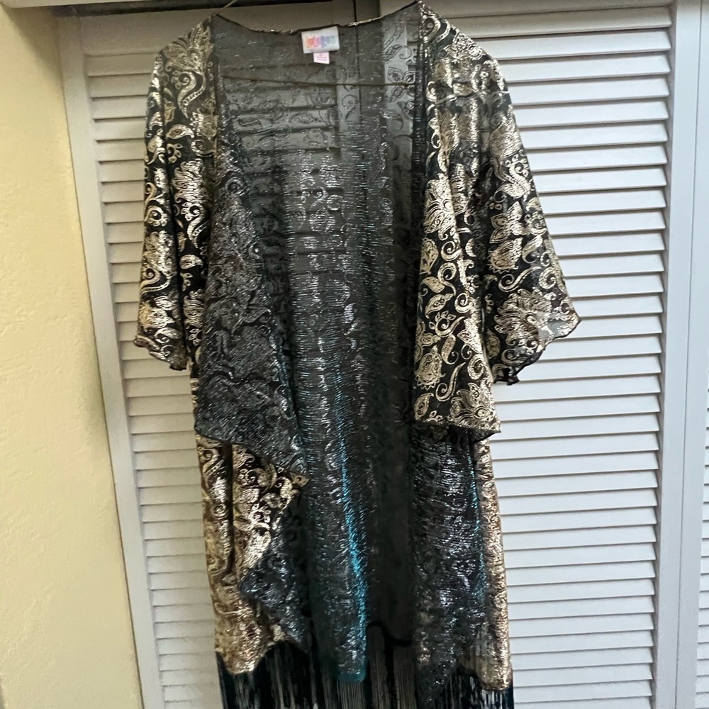 Lularoe Golden Sheer Cover Up with Fringe Sz Small Jacket Lightweight Dress Coat